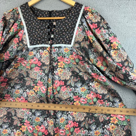 Vintage 70s Floral Paisley Print Lace Up Midi Dress Multi Puff Sleeve 10 - Picture 8 of 11